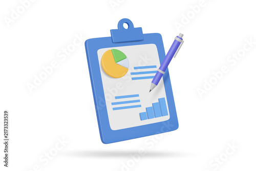 3d clipboard with business report sheet, pie chart, bar graph and pen icon for financial audit data analysis marketing project management isolated on transparent background png clip art element