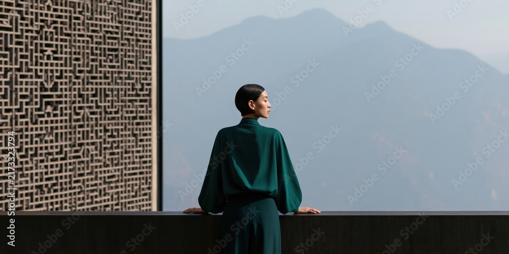 Obraz premium Woman in emerald blouse overlooking misty mountain valley from an architectural balcony for editorial background and wallpaper design