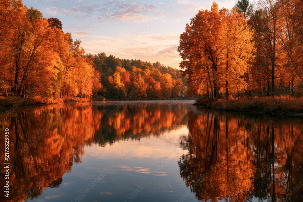 Obraz premium Colorful Fall Foliage Mirrored in River Surface