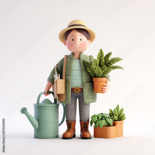 3D cartoon human character gardening with high key studio photography lighting, clean minimalist composition, and detailed photorealistic rendering isolated on a white background.