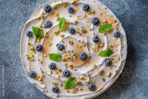 Rustic No Bake Mascarpone Cheesecake Topped With Blueberries Pistachios Maple Syrup And Mint