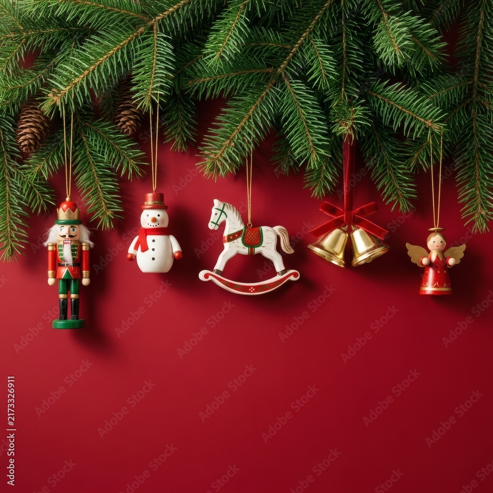 Fototapeta premium Classic Christmas Ornaments Hanging on Fir Branches with Red Background