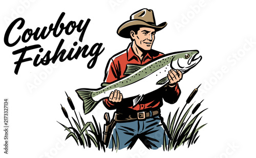 Obraz na plátne Cowboy holding a large caught fish illustration