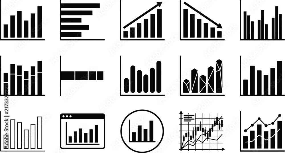 Obraz premium Statistical vector icons set. Bar graphs, line charts, and data visualization diagrams. Business analytics, financial growth, and market research symbols for infographics, presentations