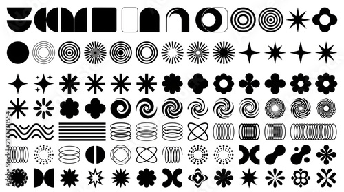 Assortment of black geometric graphic elements and abstract symbols
