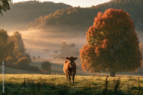 Countryside Pasture with Cow and Autumn Foliage