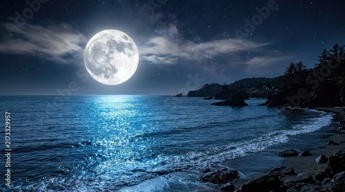 Full moon shining over the calm ocean waves at night with a rocky beach and dark blue sky