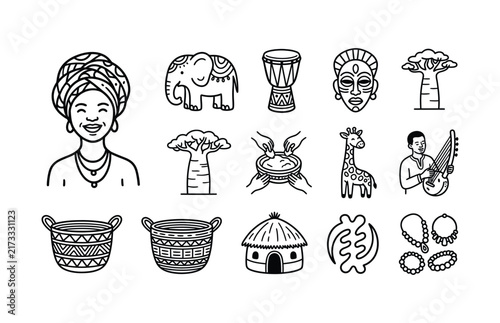 African Culture and Traditional Life Hand Drawn Icons