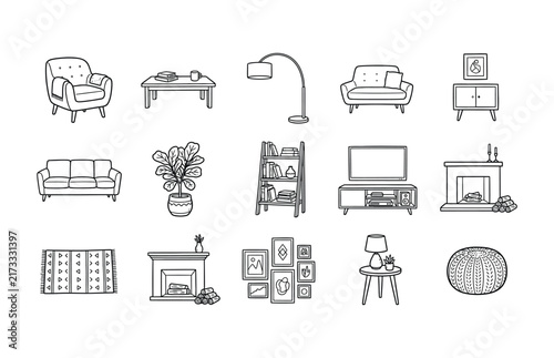 Home Interior Furniture and Decor Hand Drawn Icons