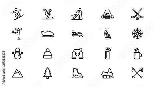 Collection of winter sports and outdoor activity icons isolated on transparent background
