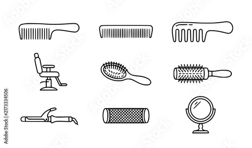 Minimal comb hair brush barber chair curler black line vector icon set