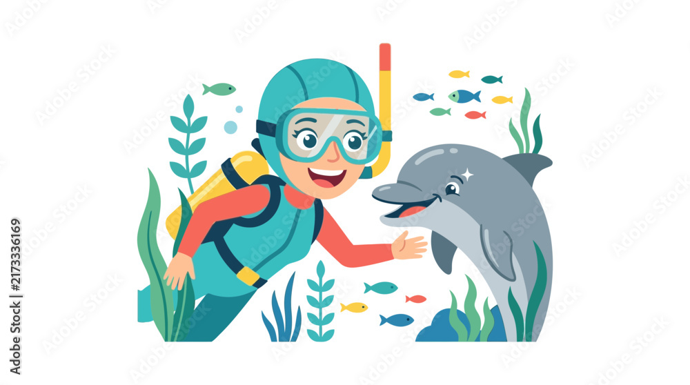 Fototapeta premium A happy cartoon diver in a wetsuit and mask interacts playfully with a friendly dolphin underwater amidst colorful fish and marine plants.