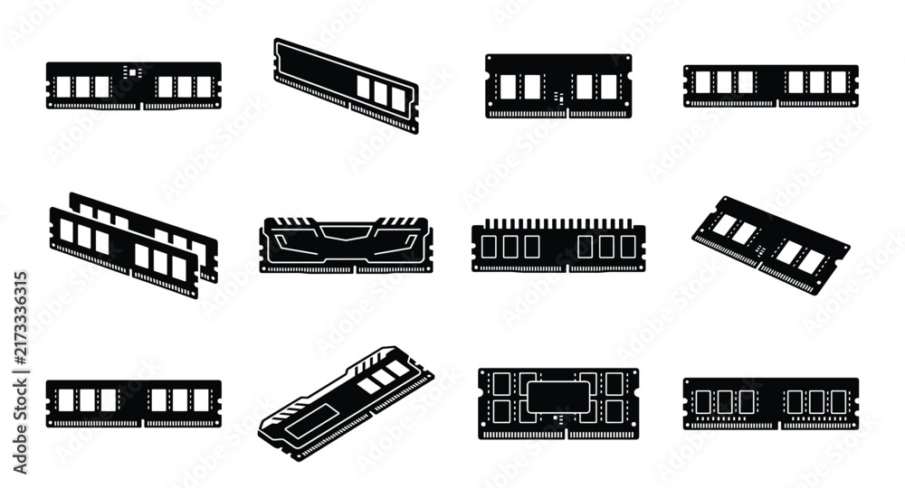Fototapeta premium Computer ram memory black glyph icons set isolated on transparent background pc hardware part.