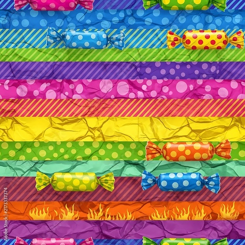 Colorful candy pattern background with vibrant wrapped sweets and striped designs
