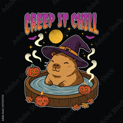 Creep It Chill - Cute Capybara Wearing Witch Hat Funny Halloween T Shirt Design