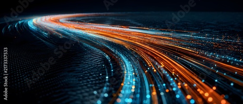 Abstract futuristic orange and blue neon fiber optic data stream vortex with high speed light trails and digital particle bokeh, premium quantum computing and broadband network technology banner 