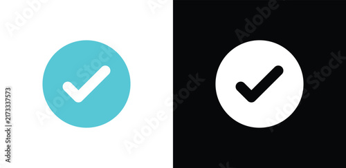 Turquoise and white checkmark on dark background, flat style turquoise circle flat simple shape