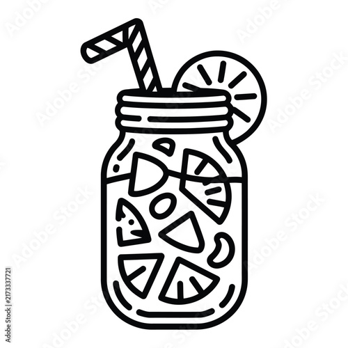 Refreshing fruit cocktail drink in a mason jar with lemon slice and straw