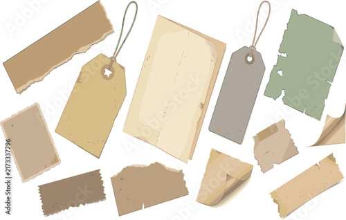 Vintage Paper Tag and Label Collection Featuring Blank Price Tags, Torn Edges, Folded Cards, Hanging Labels and Rustic Scrapbook Elements for Packaging Designs
