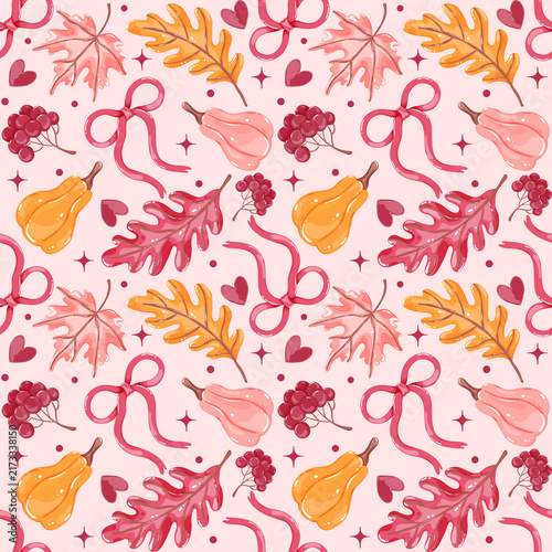 Cozy Autumn Seamless Pattern with Pumpkins, Leaves, Berries and Pink Bows