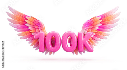 100K Followers Celebration with Pink Angel Wings – Glossy 3D Social Media Milestone Number Isolated on White Background