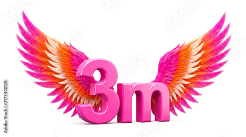 3D Pink 3m Text with Colorful Angel Wings Isolated on White Background