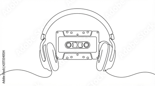  Retro headphones and audio cassette tape continuous line art logo