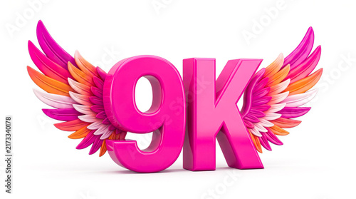 9K Followers Celebration with Colorful Angel Wings - Glossy Pink 3D Milestone Number Isolated on White Background
