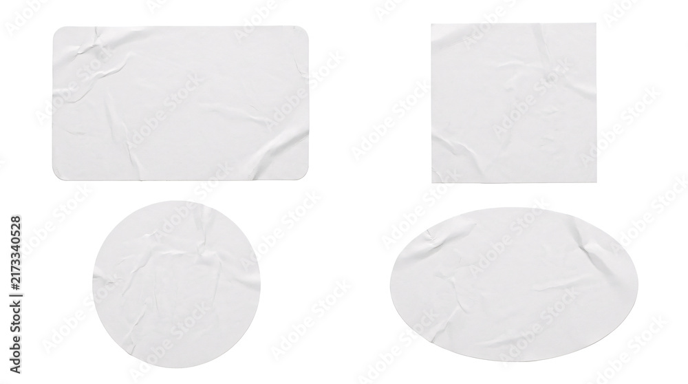 Fototapeta premium Glued white sticker set in circle square and oval shapes.