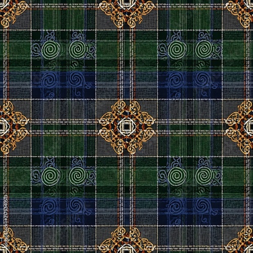 Luxury Seamless Green and Blue Plaid Pattern with Gold Ornate Damask Decorations