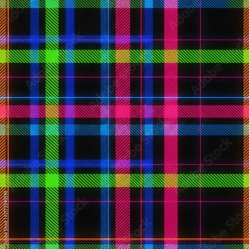 Vibrant synthwave tartan plaid pattern with glowing neon stripes on dark background