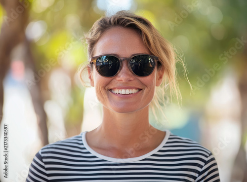 Smiling person wearing sunglasses in a sunny outdoor setting