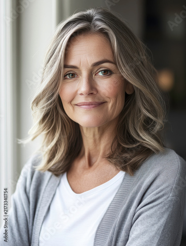 Smiling mature woman with long hair standing by a window indoors