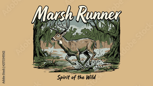 Картината върху платно Retro whitetail buck deer jumping in marsh swamp water splash wildlife hunting i