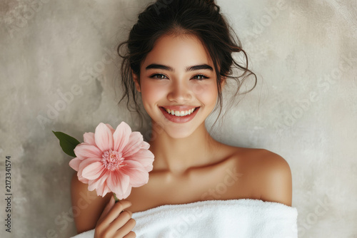 Young woman smiling while holding a pink flower against a neutral background