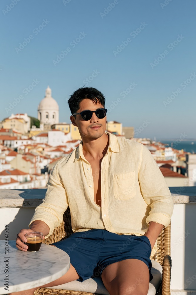 Naklejka premium Man in sunglasses drinking espresso on terrace with coastal city skyline for summer travel lifestyle background and cool leisure portrait
