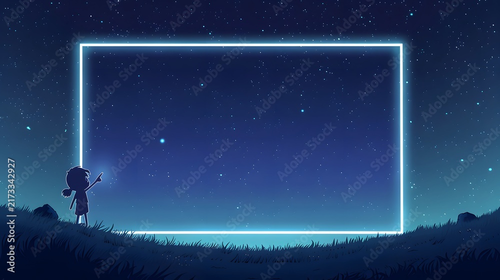 Fototapeta premium Child standing beside glowing rectangular frame under starry night sky.