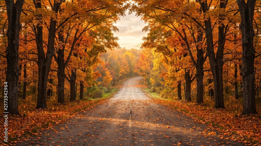 Fototapeta premium Peaceful forest path surrounded by vibrant orange autumn trees