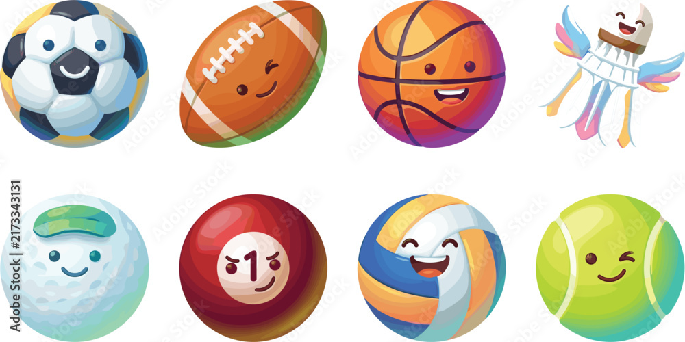 Naklejka premium Cute kawaii sports balls cartoon sticker set featuring smiling faces on soccer basketball tennis and volleyball characters vector