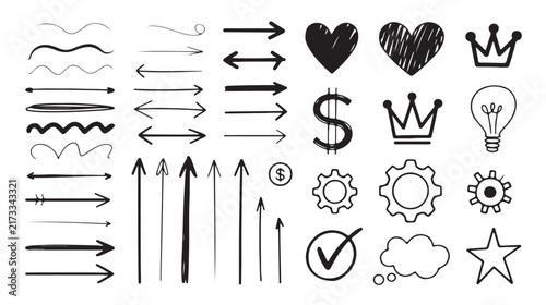 Hand drawn marker doodle icon and arrow element set vector illustration