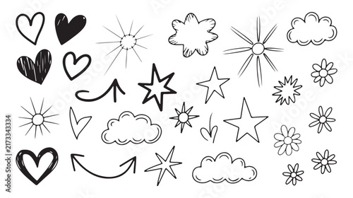 Hand drawn doodle hearts stars arrows flowers and cloud frames vector collection