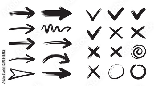 Hand drawn marker arrows, circles, check marks, and scribble strokes, vector collection