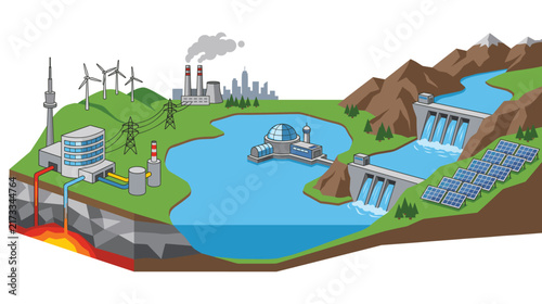 Obraz na plátně Renewable energy sources landscape featuring solar panels hydro dam and wind turbines set