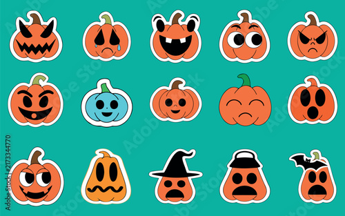 Halloween Pumpkin Sticker Collection with Funny Faces 