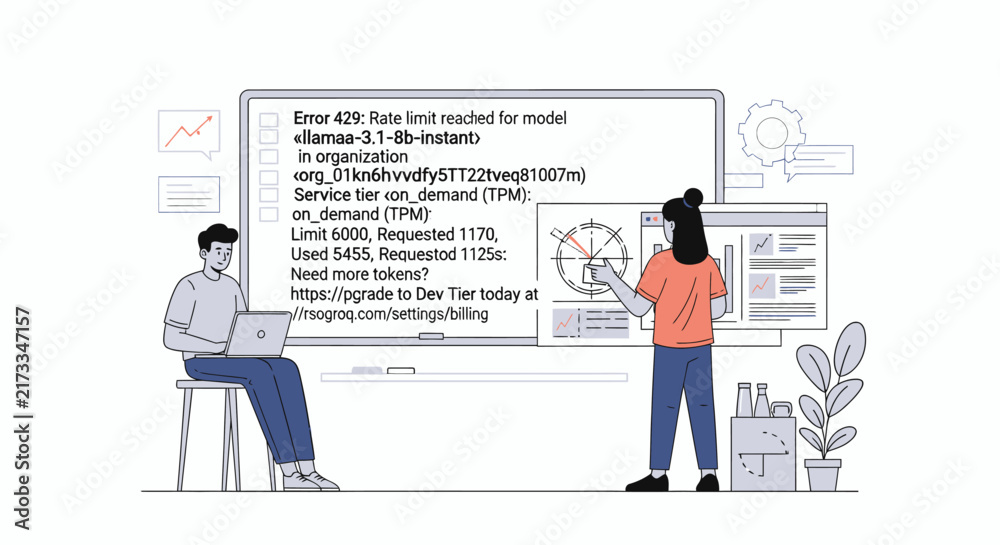 Obraz premium Vector illustration of developers fixing API rate limit error on screen while analyzing data dashboard in modern tech workspace.