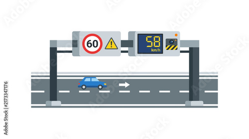 Speed Limit Sign and Digital Display Over Highway with Car