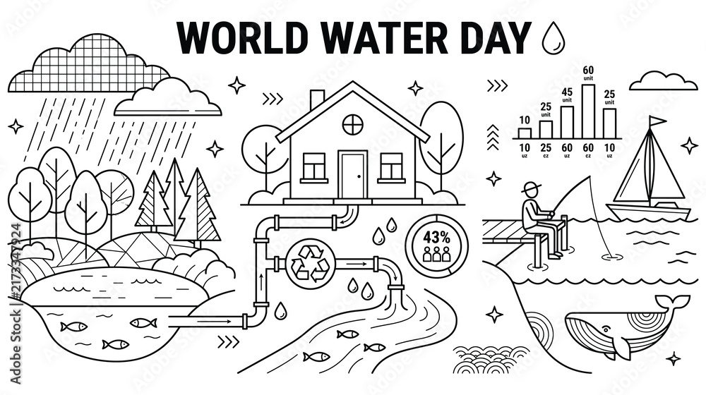 Fototapeta premium World water day infographic with rain cycle and home plumbing black white vector outline.