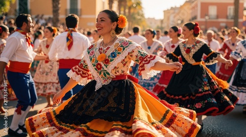 People in colorful traditional Spanish dresses dance in the street during a festive summer celebration. Women twirl their skirts, men join the lively outdoor gathering in cheerful movement.