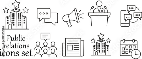 Mass Communication and Public Relations Line Icons Set with PR Strategy, Media Relations, Megaphone, and Press Conference.