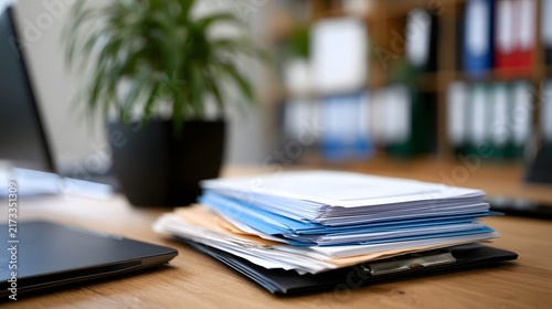 Stack of office documents on a wooden desk next to a laptop and potted plant with blurred background shelves